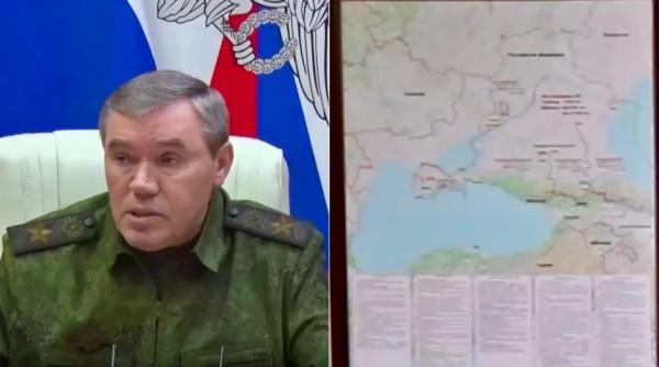O hartă filmată în spatele lui Valeri Gherasimov arată intențiile Rusiei de a ajunge la granițele României