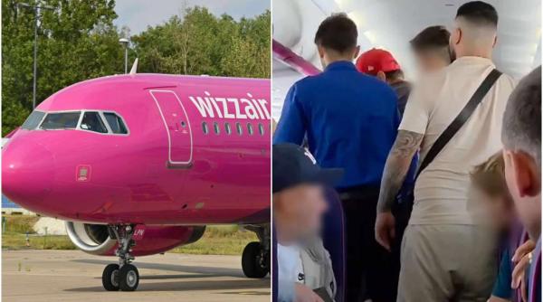 Imagini cu momentul în care bărbatul agresiv, dintr-o cursă Wizz Air, este imobilizat de alți pasageri: "Slava Șoşoacă"