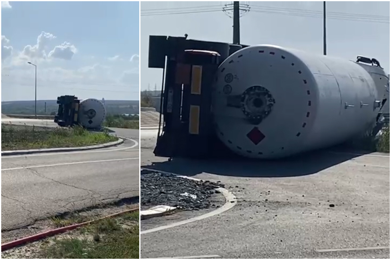 VIDEO Pericol de explozie pe Drumul European E581, în apropiere de Bârlad, unde o cisternă cu gaz metan s-a răsturnat. Zeci oameni evacuați